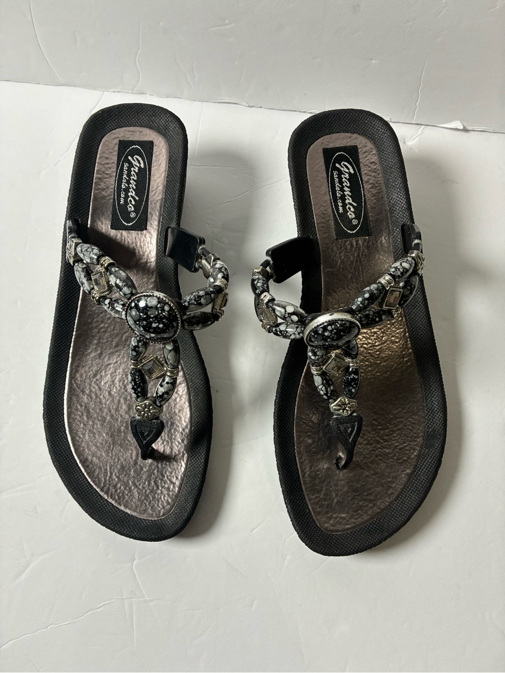 Grana Black Beaded T-Strap Sandals